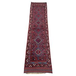 Meshwani blue and red ground runner, decorated with lozenges and repeating geometric motifs