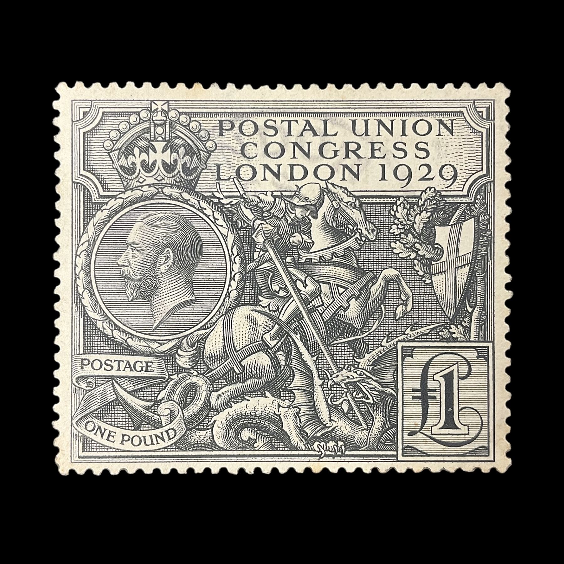 Great Britain King George V 1929 Postal Union Congress one pound stamp, used, previously mounted


