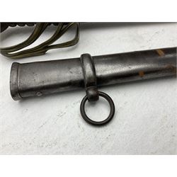 19th century Imperial German army heavy cavalry officers sword by Schnitzler and Kirschbaum, with 89cm single fullered steel blade and sheet steel basket hilt with teardrop cut-out and wire-bound leather grip L107.5cm overall; in steel scabbard with two suspension rings; and British Army 1822 Pattern Infantry Officer's sword in associated scabbard (2)