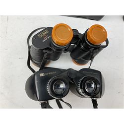 Twelve pairs of binoculars to include BWCF 7x35 Extra Wide Angle, Carl Zeiss Jena Delturis 8x24, Carl Zeiss Jena Jenoptem 8x30W, Chinon Countryman 10x50,  Ajax 8x30, Regent 16x50, etc,  some with cases