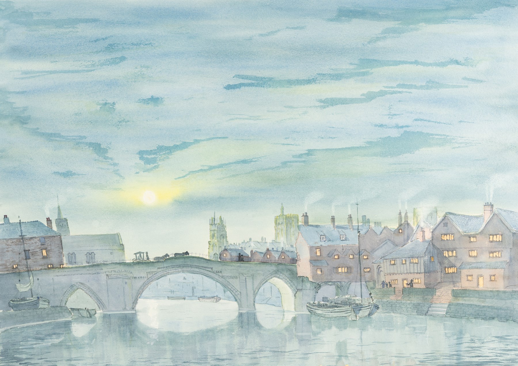 English School (20th century): Ouse Bridge at Dusk, watercolour possibly signed below the mount 51cm x 71cm; Glen Marshall (British Contemporary): A Yorkshire Countryside Path, watercolour signed 51cm x 71cm, in matching gilt frames (2)