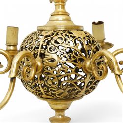Art Nouveau pierced globe and six branch chandelier, each scrolled branch holding a single candle-style bulb holder and fitted bobeche, with four matching sconces, chandelier H55cm
