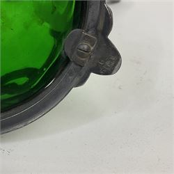 Early 20th century WMF Art Nouveau pewter and green glass ewer, of swept cylindrical form, having a pierced stopper and handle of entwined stems and berry design, the base cast as water nymphs with flowing hair and lily pads, H38cm