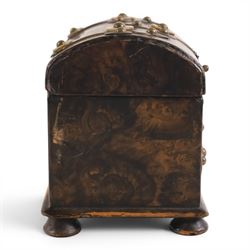 19th century tea caddy, with enhanced woodgrain design,  with brass and mother of pearl mounts, H13cm, L16cm
