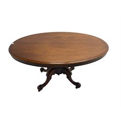 Victorian mahogany oval loo table, moulded edge with banded frieze, raised on baluster turned pedestal with quadrupod base, cabriole supports with scroll feet and castors