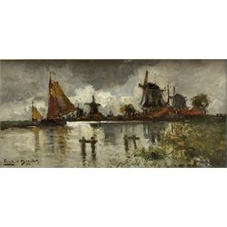 Frank Henry Mason (Staithes Group 1875-1965): Dutch Waterway with Windmills, oil on canvas signed 22cm x 44cm 