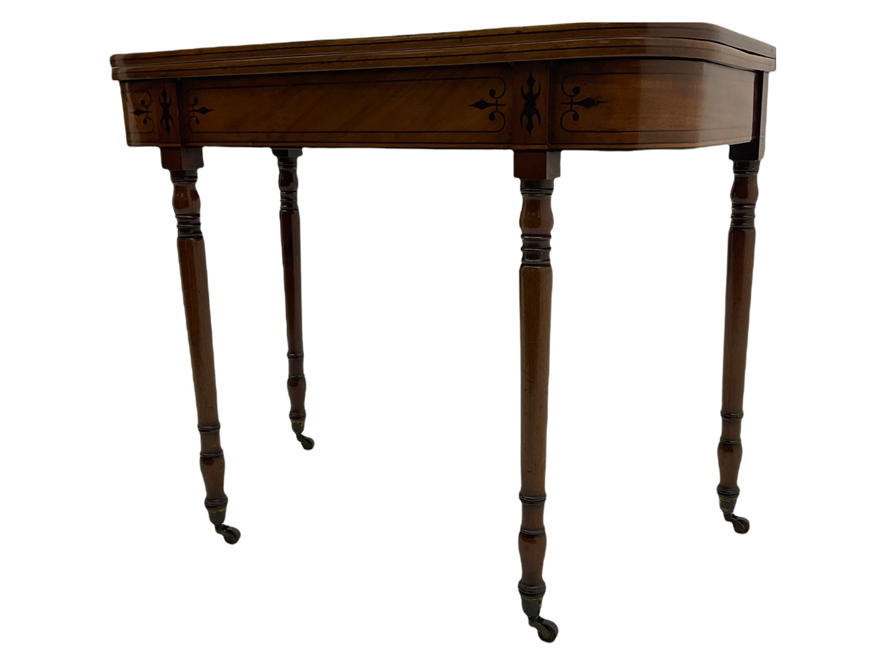 Early 19th century inlaid mahogany D-shaped tea table, fold-over top