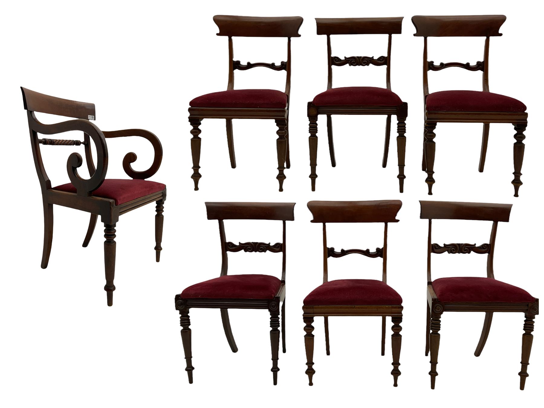 Seven early 19th century mahogany dining chairs - set six side chairs with scroll carved middle rails (W46cm), and a carver elbow chair with rope twist middle rail