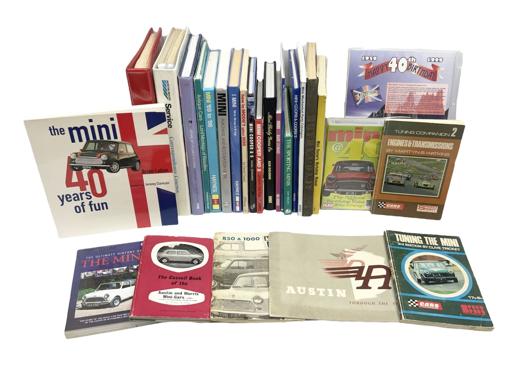 Automobilia - collection of books and ephemera on Mini Cars including BMC Special Tuning Folder for Mini-Cooper 'S', 1972 Handbook, Austin and Morris Mini Cars by Sydney Page 1962, Haynes Manuals, Mechanical Parts Catalogue 1998, thirty and forty years commemorative books, Austin Rover Service and Parts Correspondence Course 1977, video tape and DVD etc (27)