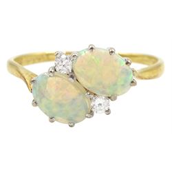 18ct gold two stone oval opal and two stone round brilliant cut diamond crossover ring, London 1981