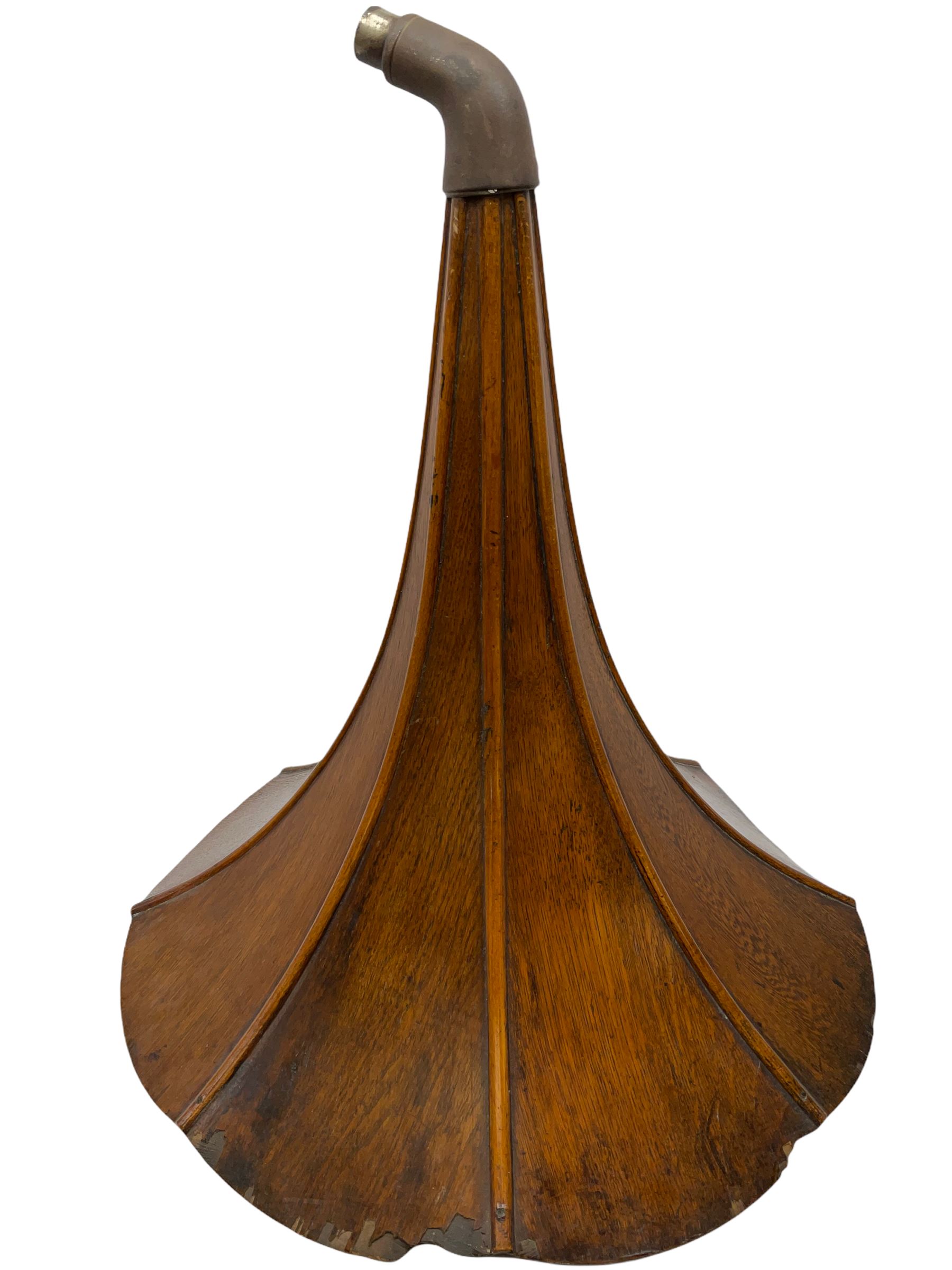 Early 20th century oak cased gramophone, the motor marked 'Garrard No.20 REF No.1030', with ribbed oak horn, base 30cm square; with one 78rpm record and Columbia tin of needles