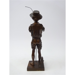  19th century patinated bronze model of a young fisherman 'Pecheur' after Adolphe Jean Lavergne, stood tying a fly at his rod, square base, signed, impressed foundry mark, H33cm   