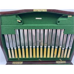 Mahogany cased part canteen of silver plated cutlery by Viner & Hall with simulated ivory handles 