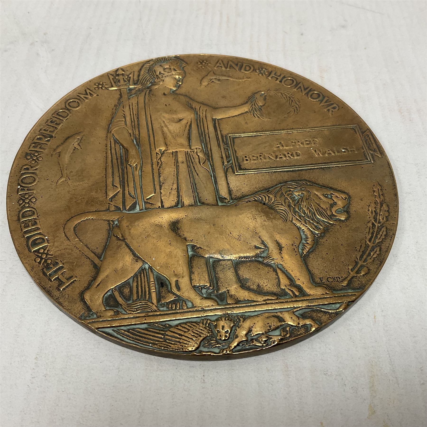 WWI bronze death plaque for Alfred Bernard Walsh