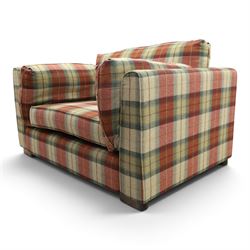 Meridian - snuggle armchair or loveseat, of traditional squared shape, upholstered in tartan fabric with loose cushions, on rectangular feet