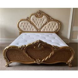 Rococo style 6' Super Kingsize bed, ornate shaped and floral design in wood finish, upholstered buttoned headboard, decorated with scrolled foliate and flower heads, together with mattress