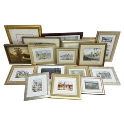 Pictures and prints including watercolours, topographical scenes etc, in one box