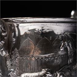 Victorian silver two handled cup embossed with cattle, horses and sheep and presented by Nottingham Mills Company to John Barugh, Thwing H16cm London 1865 Maker Henry Hollannd