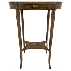 Edwardian satinwood side table, oval top hand painted with central fan motif and trailing flower heads, on square tapering supports terminating to out-splayed feet, united by moulded undertier 
