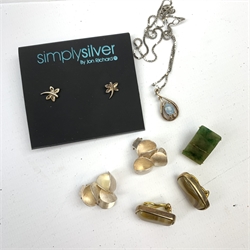 14ct gold jade earring, stamped 585, pair of silver contemporary design earrings, three other pairs of silver earrings and collection of costume jewellery including Aspinal handbag holder