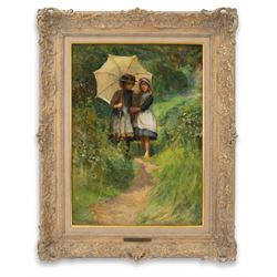 Arthur A Friedenson (Staithes Group 1872-1955): 'Artist's Followers', oil on canvas signed and dated '91, 55cm x 40cm 
Provenance: sold Christie's 11th October 1991 Lot 7 for £2,800. 
Notes: an unusual, early work by Friedenson, painted when the artist was only 19; he first exhibited at the Royal Academy at the precocious young age of 17.