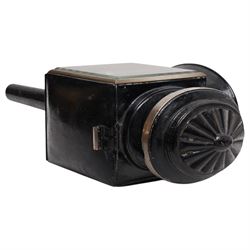 Hamshaw (Leicester) - pair of Edwardian white metal and toleware carriage lamps, the pagoda moulded with patera motif, over a rectangular body with oval convex lens and bevelled glass and reflective panels, cylindrical stem, maker engraved to candle mount
