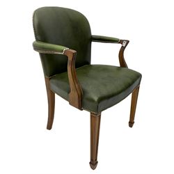Late 20th century mahogany framed desk chair, upholstered in green studded leather