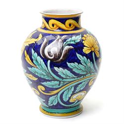 Large Italian Cantagalli vase, painted profusely in typical colours with yellow flowers an...