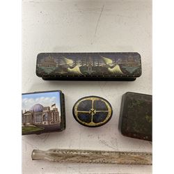 Two 19th century glass tear catcher lachrymatory bottles, together with a Japanese lacquered box and two similar, a trinket box with ceramic cover and a small pewter figure of Confucius