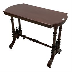 Victorian walnut stretcher table, shaped top on quadruple turned pillar supports, on splayed feet joined by turned stretcher