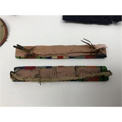 WW1 Short & Mason Ltd 'The Magnapole' black japanned brass field compass in leather carrying case; WW1 trench art paper knife inscribed Dixmude; and small quantity of cloth badges etc