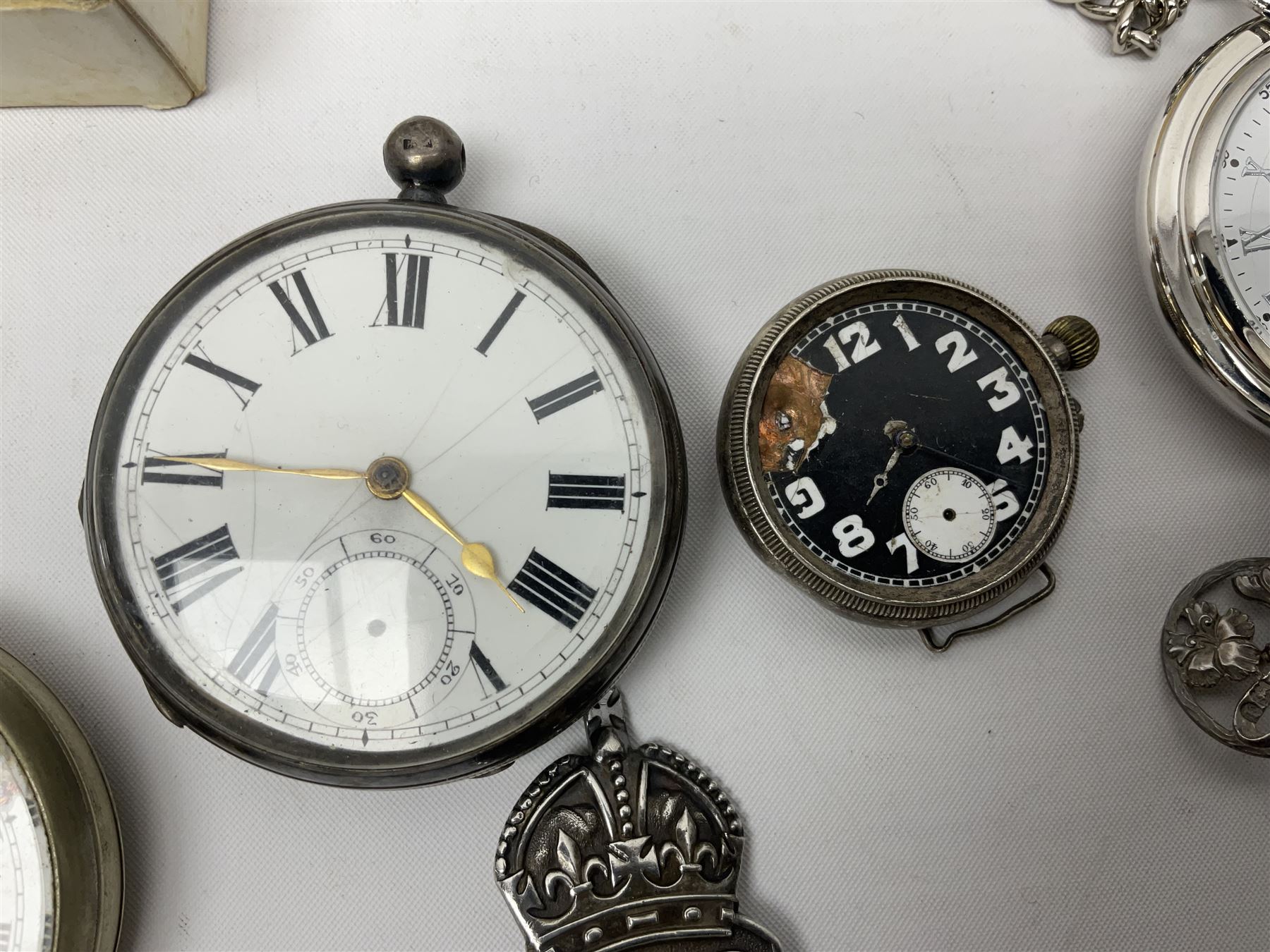 Pair of Georgian silver dress buttons, silver caddy spoon, silver fob medals, silver watches, set of six silver plated teaspoons, set of gilt buttons with ship design, etc