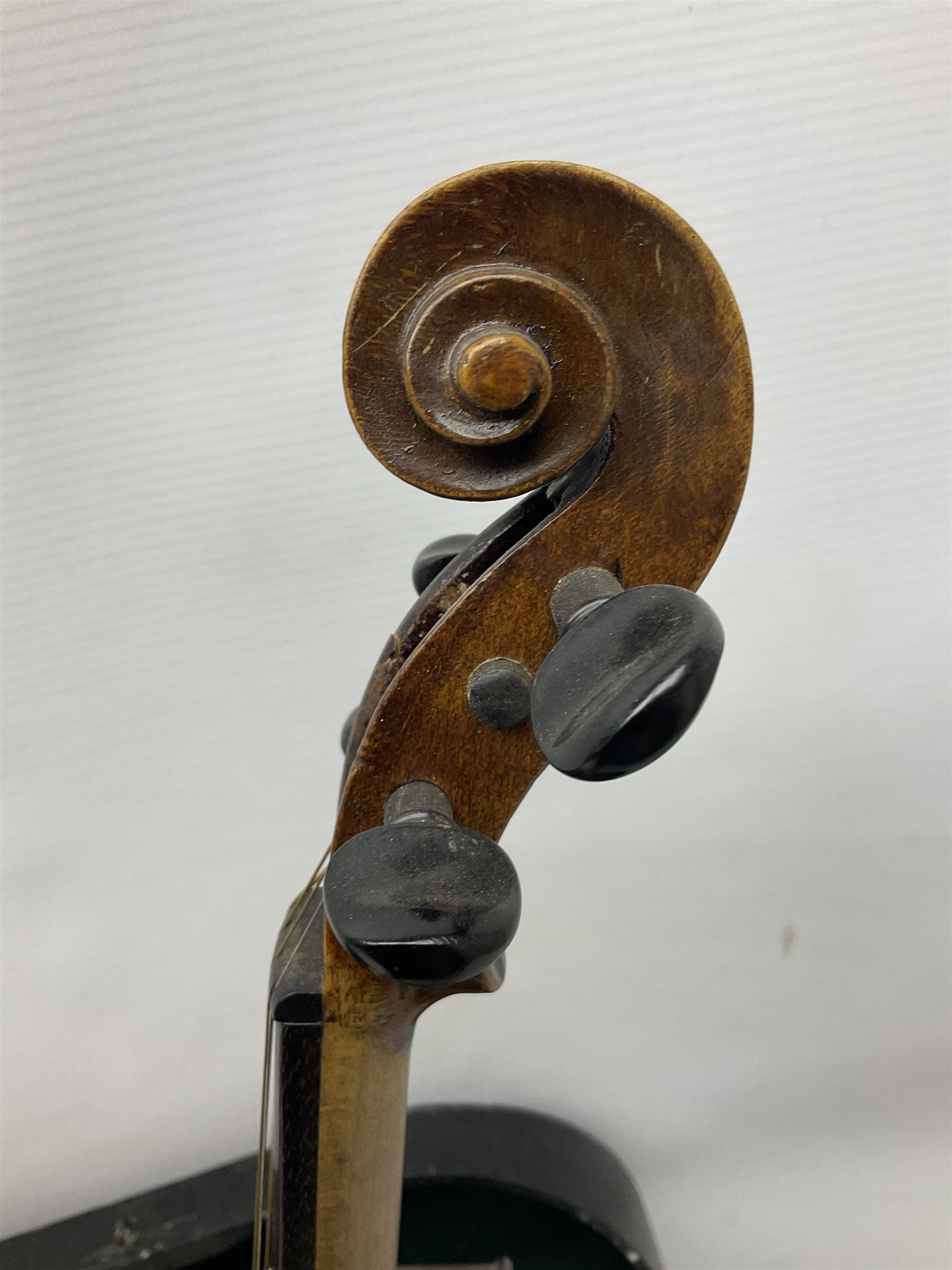 German Hopf violin c1900 with 35.5cm two-piece maple back impressed HOPF, maple ribs and spruce top, also marked HOPF internally L58.5cm overall; in Maidstone ebonised wooden coffin case with bow