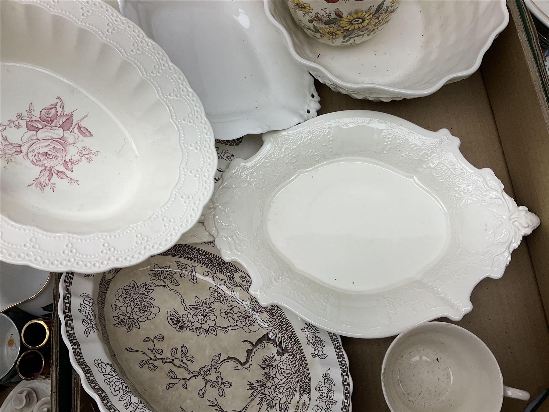 Large quantity of Victorian and later ceramics to include Spode Velamour twin handled vase, Bavaria Schumann Arzberg large circular stand and vase, Beswick Ware,  Spode, blue and white, Hanley and G Meakin, tea wares, figures, West German vase etc in six boxes