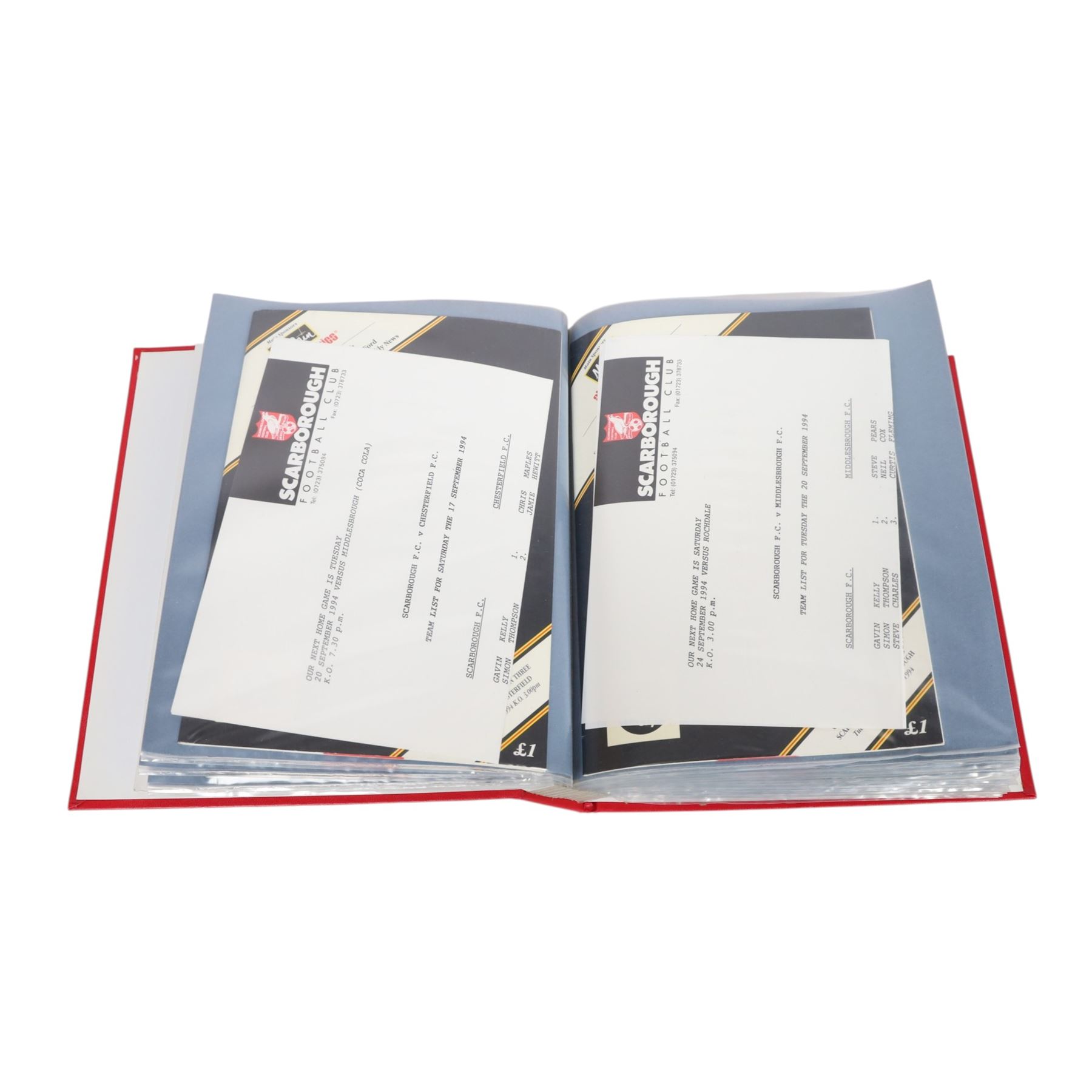 Comprehensive collection of approximately one-hundred and seventy Scarborough FC football programmes for the 1993/94, 1994/95 and 1995/96 seasons, all filed within six dedicated Scarborough FC red Home and Away binders