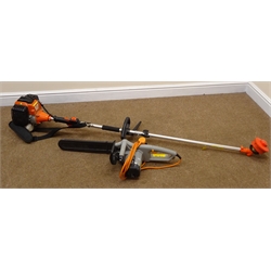  Parker PGMT-S200 petrol strimmer and a Titan TTB355CHN electric chain saw and a Workzone Q1W-SP02-2300B pressure washer and twenty five meter multi functional cable reel with built in site lamp   