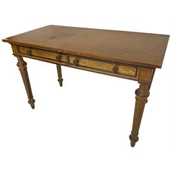 19th century walnut side table, rectangular top over two drawers with elm facias, lobe carved handles and moulded edge in mahogany, on turned and fluted supports 
