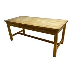 Large beech kitchen table, rectangular top over three drawers, on square supports joined by stretchers