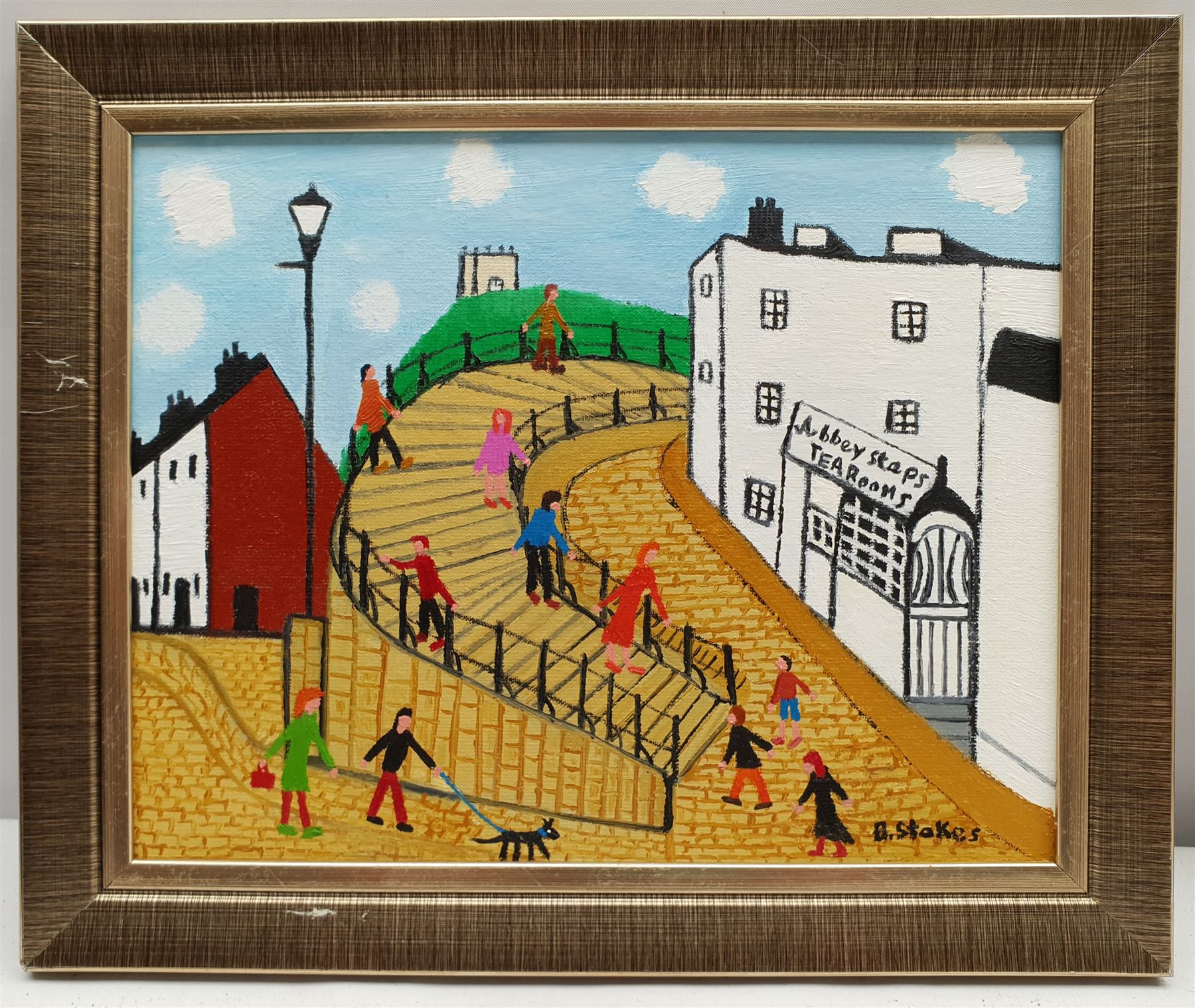 Barry Stokes (Northern British Contemporary): 'Abbey Steps Tearooms' Whitby, oil on board signed, dated 2019 verso 20cm x 25cm