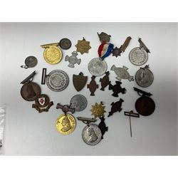 Medals, medallions or fobs, including five sterling silver hallmarked fob with engraved decorations, L.C.C. Staff Horticultural Society 1928 medallion, various commemorative medals etc
