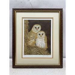 Robert E Fuller (British 1972-): 'Owls Snuggled Up', limited edition colour print signed and numbered 56/850 in pencil 32cm x 24cm