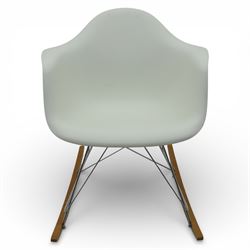 Vitra - RAR rocking chair, moulded plastic shell in cotton white with integrated arms, raised on chrome wire supports with stained wooden rocking runners