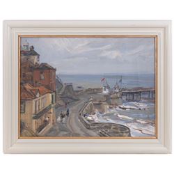 Florence Adelina Hess (Staithes Group 1891-1974): Figures at the Mouth of Cromer Pier, oil on canvas laid on to panel signed and dated '57, 30cm x 40cm