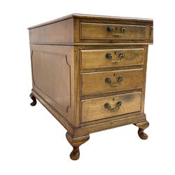 Early 20th century mahogany twin pedestal desk, the moulded rectangular top with three sectional leather insets with gilt decoration, fitted with eight drawers, on cabriole feet