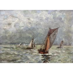 Maurice Courant (French 1847-1925): Sail Boats Off the French Coast, oil on board signed and dated 1923, 23cm x 33cm 