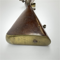  19th century French Military muzzle loading percussion cap rifled musket, approximately 20-bore, 83cm barrel stamped ELG, action stamped F.x Escoffier Entrepr. Mre Imple.A St. Etienne, with adjustable rear sight, twin straps and under barrel ram rod, L128cm overall