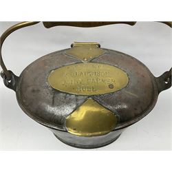 Late 19th/early 20th century steel and brass dairy pail or can, of oval form with swing handle, brass plaque to front and hinged cover inscribed 'F & T Ross Ltd Dairy Outfitters Hull', and 'New Milk F Clappison Dairy Farmer Hull', not including handle H30cm