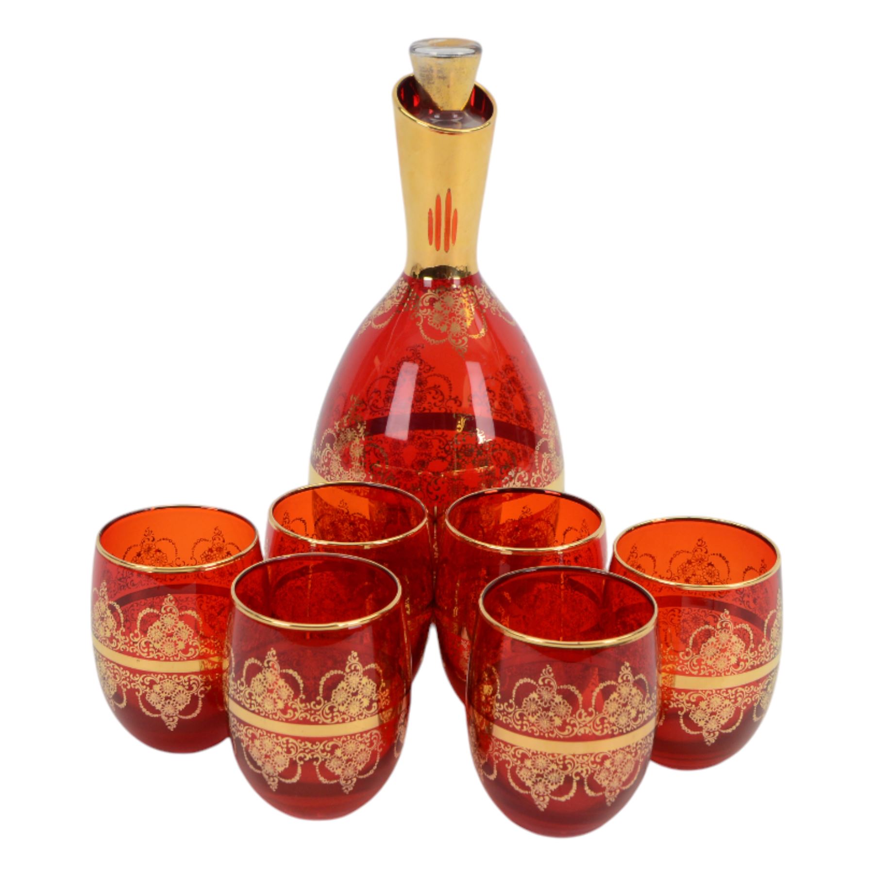 Ferro Lazzarini Murano red glass decanter and set of si | Glass