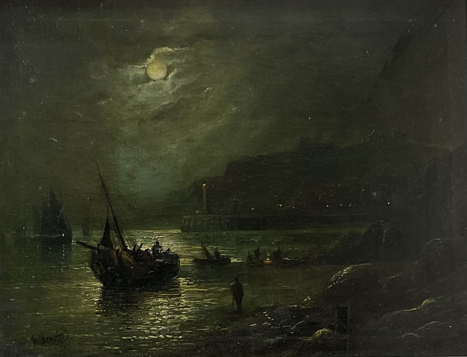 Walter Linsley Meegan (British c1860-1944): Whitby Harbour from Upgang by Moonlight, oil on canvas signed and dated 1878, 33cm x 43cm 
Provenance: Meegan was the vendor's maternal great-grandfather