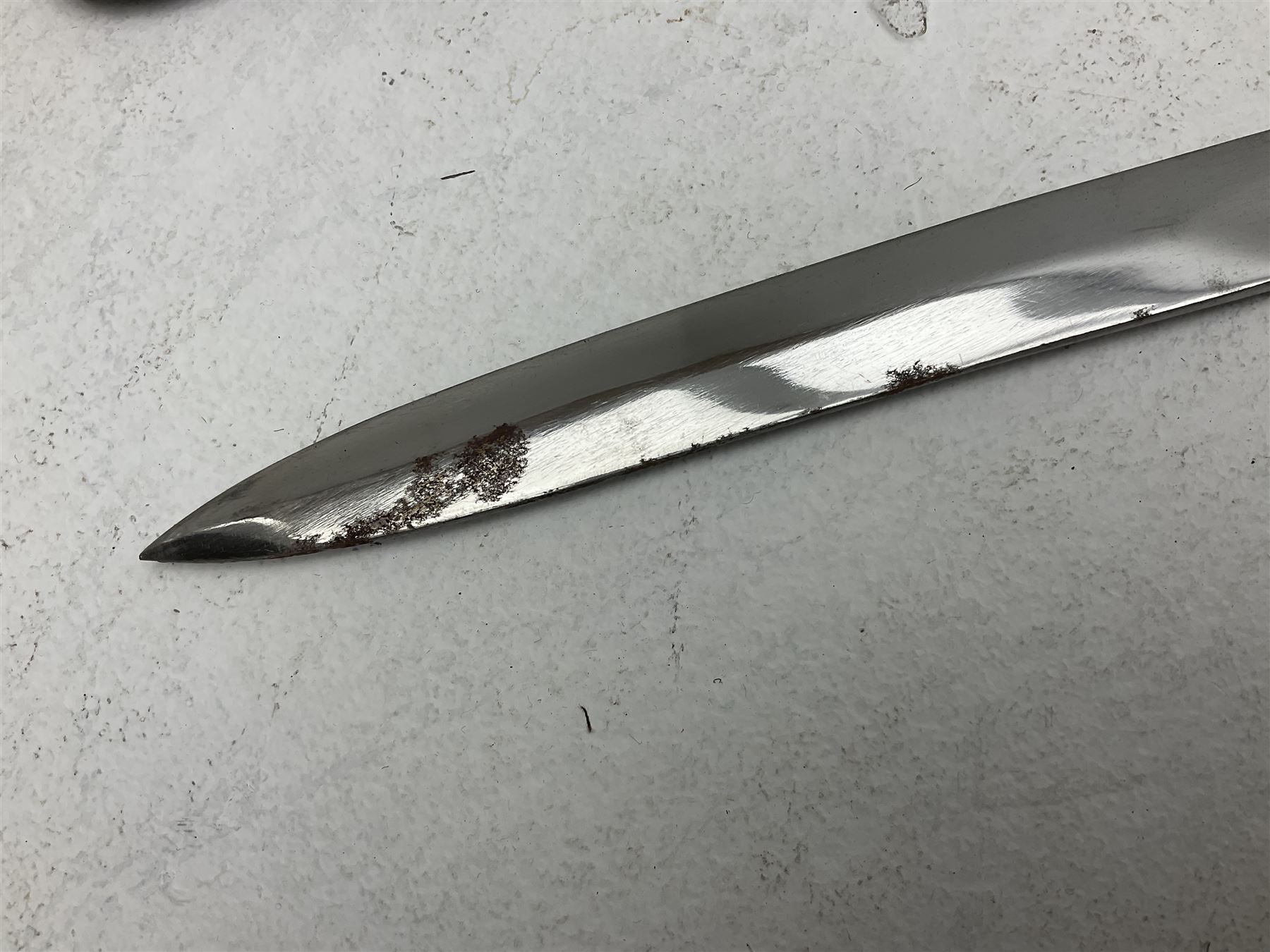 Reproduction American Civil War Cavalry trooper's sword, the 88cm slightly curving fullered steel blade marked to the ricasso 'Ames & Co Chicopee Mass.' and 'US ADK 1862'; brass hilt and leather covered grip; in steel scabbard L110cm overall;  and another reproduction sword (2)